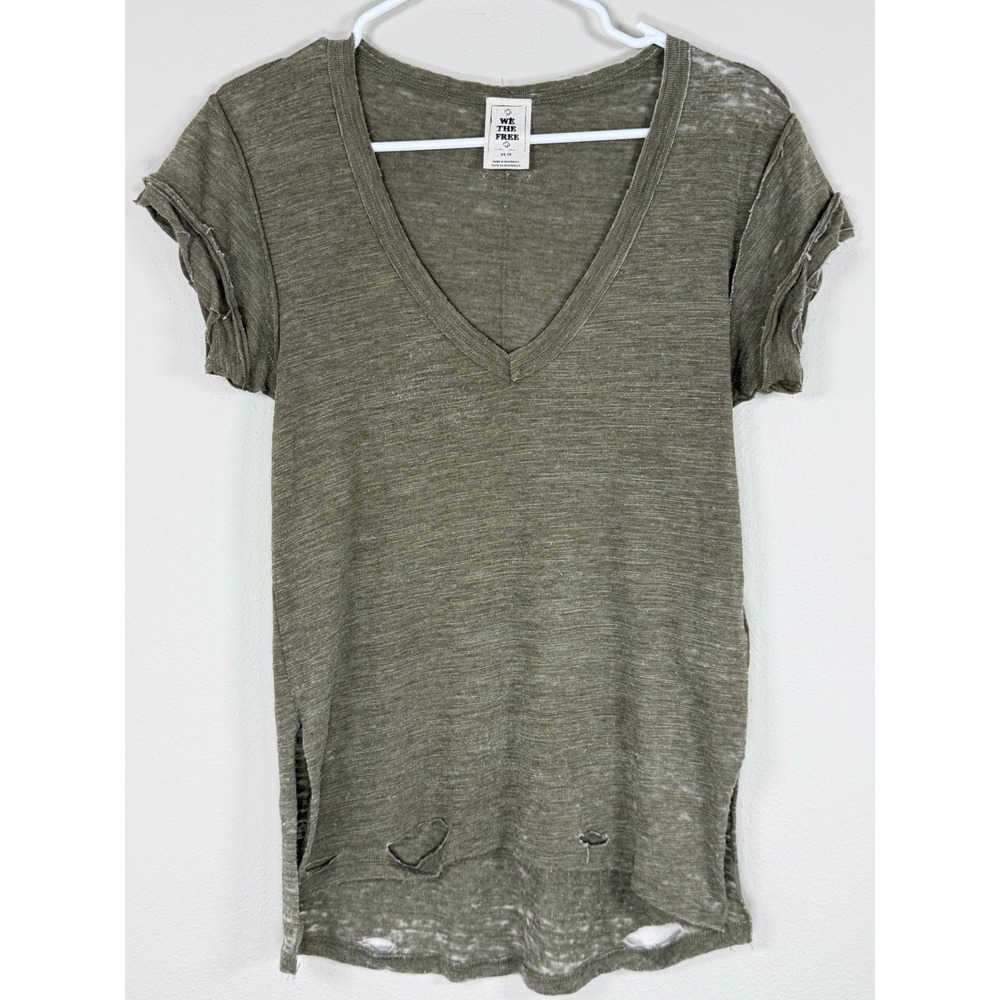 We The Free V-Neck T-Shirt Women XS Olive Green Thrashed Burnout Boho Slub Knit